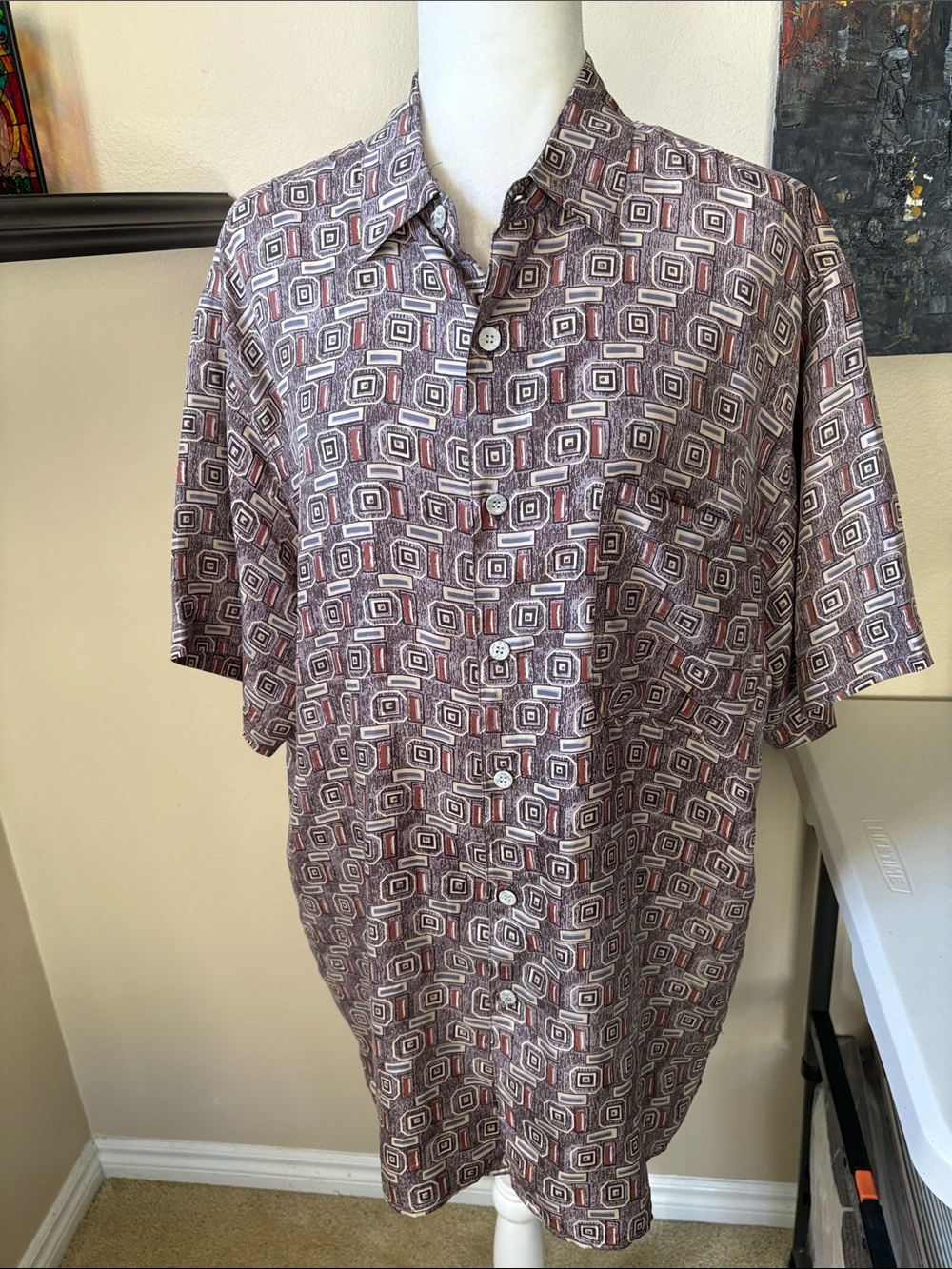 Robert Stock Brown and Beige Geometric Silk Button-Down Shirt-L